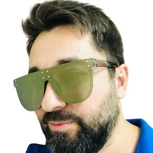 Flat Top Sunglasses Studded Frame Fashion Statement Sun Glasses Gold Mirror Lens